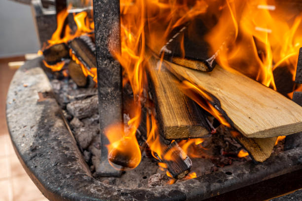 istock Flames in different forms of a bonfire made with orange tree trunks 1298354066