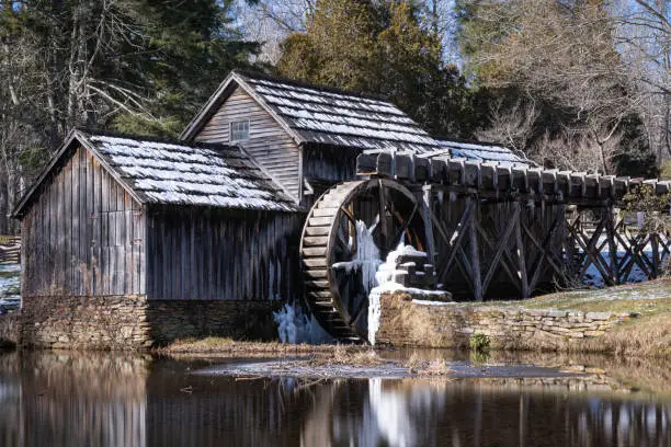 Mabry Mill covered in snow and ice during the winter.