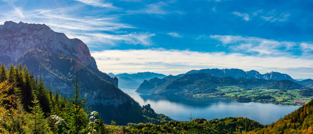 istock Panoramic autumn View over Traunsee Lake with Dachstein Massiv in the Background 1298356476