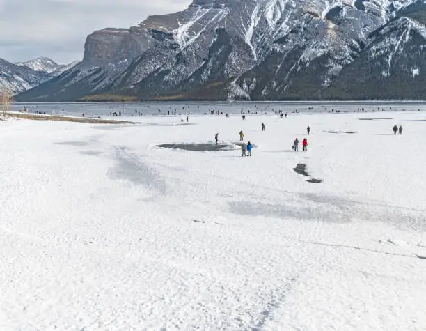 Lake Minnewanka ice Skaters in Banff National Park in Alberta, Canada