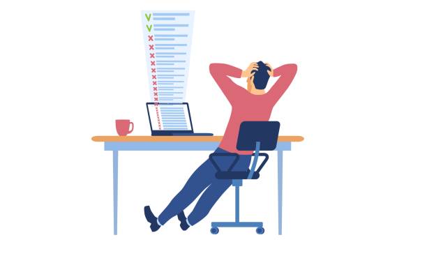 Deadline missing and bad time management Deadline missing and bad time management concept. Tired, stressed man grabbing his head looking at computer monitor with to do list on screen. Flat vector illustration isolated on white background worried stock illustrations