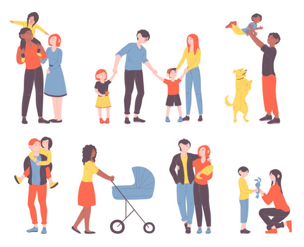 Families spending time together Collection of families walking together. Set of diverse mothers, fathers and children spending time together. Bundle of parents and kids isolated on white background. Flat cartoon vector illustration diverse family stock illustrations