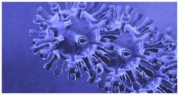 rendu 3d, avec un filtre aquarelle appliqué, représentant le virus covid-19 violet bleuâtre, sur un fond de la même couleur. - incubation period photos et images de collection