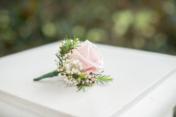 istock Single pink rose side view on white pedestal outside with foliage background 1298363483