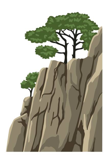 Realistic mountain with a tree on top. Rocky chinese mountain for asian landscape. Element for chinese landscape. Asian scenery. Cartoon illustration. cliffs stock illustrations