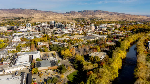 Boise Idaho and river with fall color in the trees stock photo