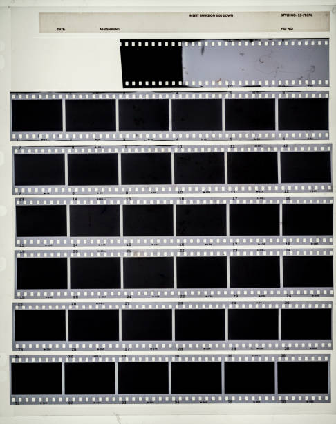 seven long 35mm black and white film strips on dark background behind protection foil with empty frames. cool photo placeholder, real macro photo of 35mm contact sheet. 35mm movie camera stock pictures, royalty-free photos & images