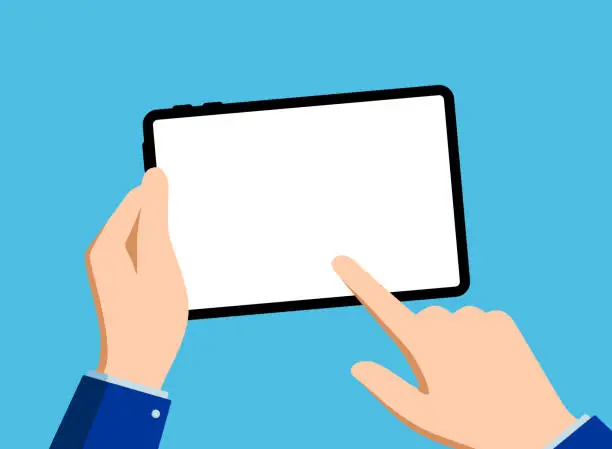 Vector illustration of Man's hand holding digital tablet with empty screen, mock up
