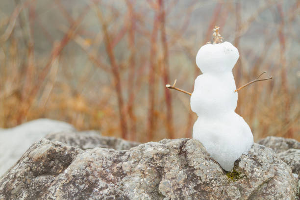 A snowman just made by a tourist, on back, an amazing landscape view of Great Smoky Mountain Valley, mountains and river winding through forest at sunset in evening. Beautiful nature scenery in winter time.