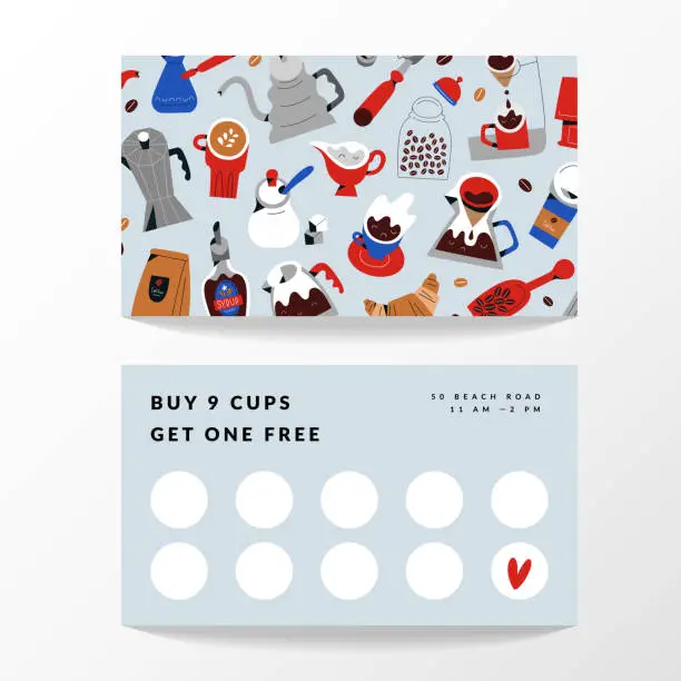 Vector illustration of Coffee card template, vector layout for loyalty program. Minimalist design with modern illustrations of coffee cups and mugs.