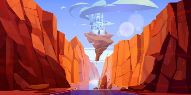 Vector illustration of Magic blue castle flying above river in canyon