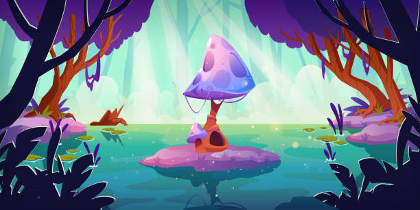 Fantasy landscape with huge mushroom in pond. Fantasy landscape with huge mushroom in forest pond or swamp. Alien or magic unusual nature for computer game, fairy tale book background. Beautiful strange glowing plant, Cartoon vector illustration giant fictional character illustrations stock illustrations