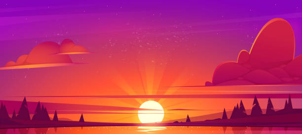 illustrations, cliparts, dessins animés et icônes de horizontal de coucher du soleil avec le lac et les arbres - sunrise hill sea sun