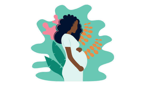 illustrations, cliparts, dessins animés et icônes de jeune belle femme noire enceinte dans la nature. concept pour la grossesse, la maternité. - femme enceinte
