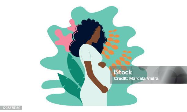 Young Beautiful Pregnant Black Woman In Nature Concept For Pregnancy Motherhood - Arte vetorial de stock e mais imagens de Grávida