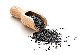 Black sesame seeds in a serving scoop on white background. Copy space