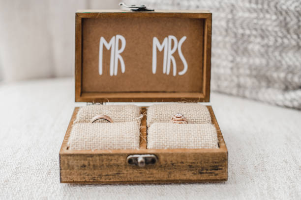 istock Open wood jewelry box with Mr and Mrs text containing wedding rings 1298376546
