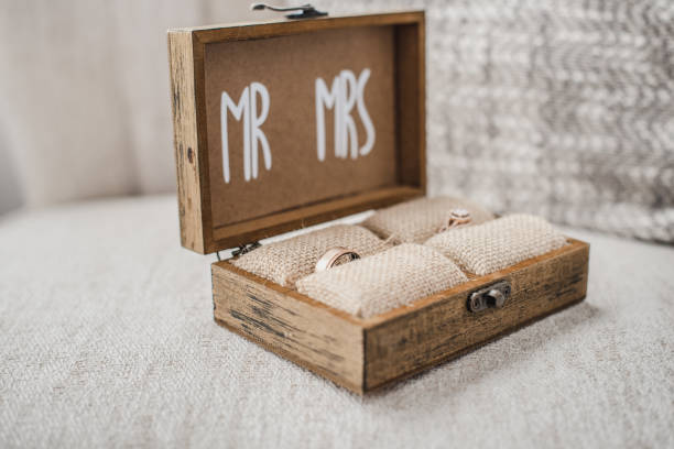 istock Open wood jewelry box with Mr and Mrs text containing wedding rings 1298377618