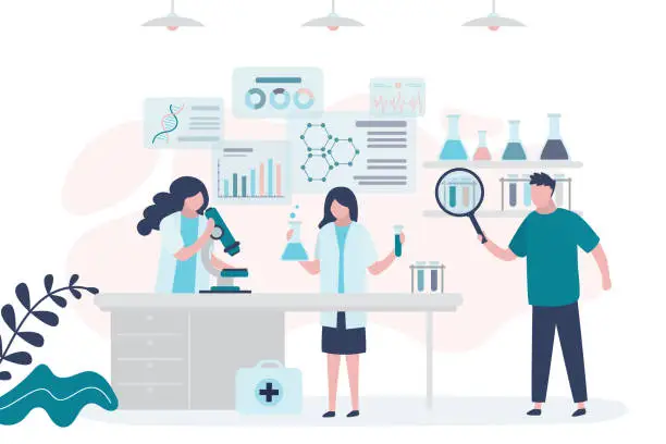 Vector illustration of Scientific research laboratory. Scientists and pharmacists are developing new drugs and vaccines. Workplace with equipment, chemical formulas