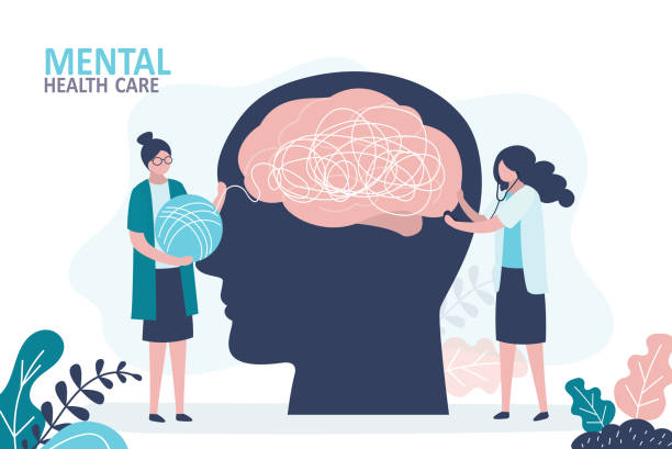 Mental health care treatment concept. Specialist doctor work to give psychology therapy. Doctor and nurse help solve mental problems. Mental health care treatment concept. Specialist doctor work to give psychology therapy. Doctor and nurse help solve mental problems. Funny female characters in trendy style. Flat vector illustration mental process stock illustrations