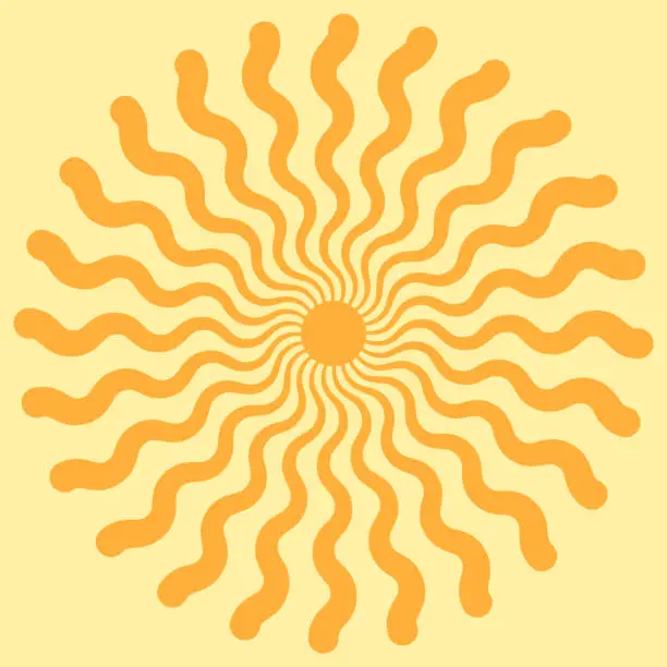 Vector illustration of Sun with wavy rays, a symbol good weather and good mood, vector yellow sun with wavy rays