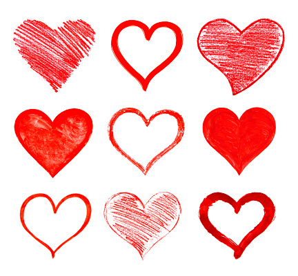 Set of hand drawn red hearts isolated on white background.
