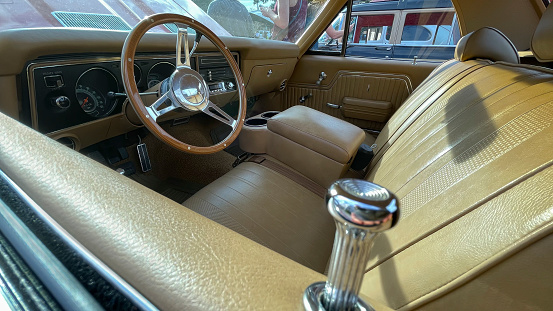 Vintage car interior in antique car show, Mount Dora, Florida