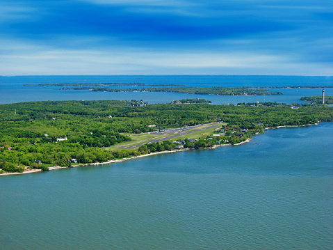 Aerial view of Put-in-Bay Airport on South Bass Island, Ottawa County, Ohio, USA