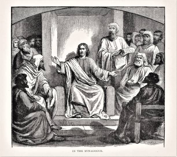 Jesus Teaches in the Synagogue Jesus Christ teaches in the synagogue while Jewish religious leaders listen. Illustration published in The Life of Christ by Louise Seymour Houghton (American Tract Society: New York) in 1890. Copyright expired; artwork is in Public Domain. Digitally restored. jesus christ stock illustrations