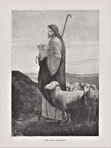 Jesus Christ depicted as a loving shepherd. Illustration published in The Life of Christ by Louise Seymour Houghton (American Tract Society: New York) in 1890. Copyright expired; artwork is in Public Domain. Digitally restored.