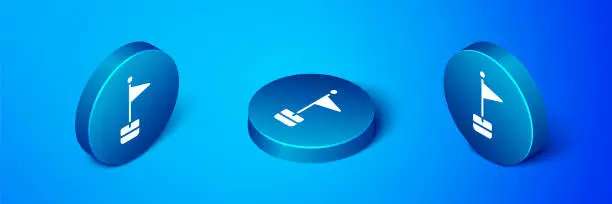 Vector illustration of Isometric Flag icon isolated on blue background. Location marker symbol. Blue circle button. Vector