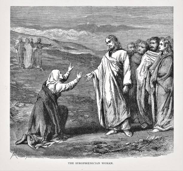 syrophoenician kobieta błaga jezusa, aby uzdrowić jej córkę - sidon stock illustrations