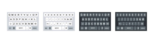 Smartphone keyboard , vector illustration. Set of phone  keyboards in light and dark mode.keypad  mockup .qwerty keypad alphabet buttons . Smartphone keyboard , vector illustration. Set of phone  keyboards in light and dark mode.keypad  mockup .qwerty keypad alphabet buttons . 10 eps computer keyboard stock illustrations