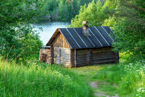 log cabin, wooden hut finnish sauna. - finland sauna lake house imagens e fotografias de stock
