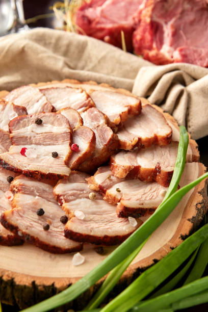 istock Roasted pork belly sliced on wooden plate 1298383750