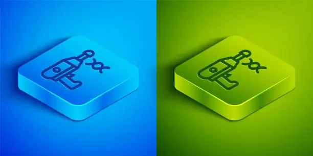 Vector illustration of Isometric line Transfer liquid gun in biological laborator icon isolated on blue and green background. Square button. Vector