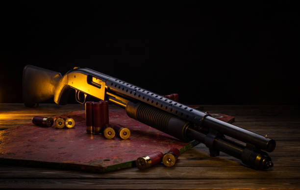 classic pump action shotgun and cartridges for it. a 12-gauge smoothbore gun on a wooden table, illuminated with yellow light. - rifle hunting gun rifle sight imagens e fotografias de stock