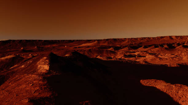 istock Fantastic martian landscape in rusty orange shades, Mars surface, Desert, Cliffs, sand. Alien landscape. Red planet mars 1298387895