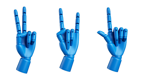 3d render, blue dummy mannequin hand, mechanical robot manipulator, set of assorted gestures isolated on white background, assorted collection of artificial body part prosthesis