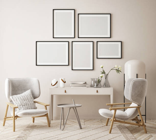 istock mock up poster frame in modern interior background, living room, Scandinavian style, 3D render 1298388737