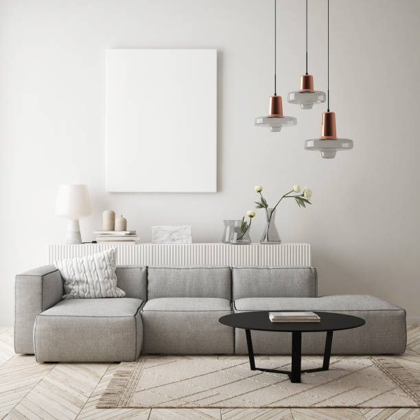 istock mock up poster frame in modern interior background, living room, Scandinavian style, 3D render 1298388771