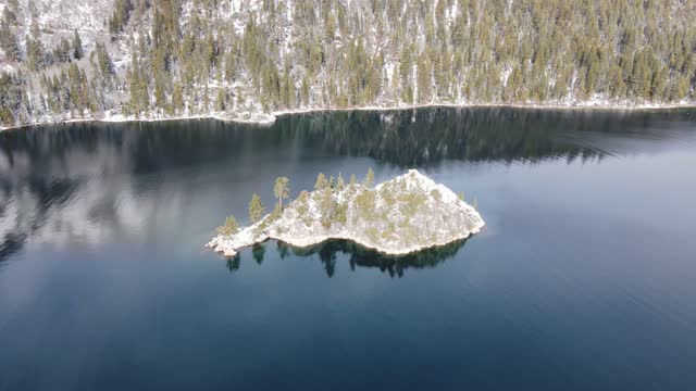Aerial video of Emerald Bay in Lake Tahoe, California.