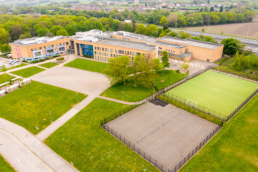 Aerial photo of The Rodillian Academy School located in Lofthouse, Wakefield West Yorkshire in the UK and the main high school building