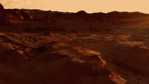 istock Fantastic martian landscape in rusty orange shades, Mars surface, Desert, Cliffs, sand. Alien landscape. Red planet mars 1298391680
