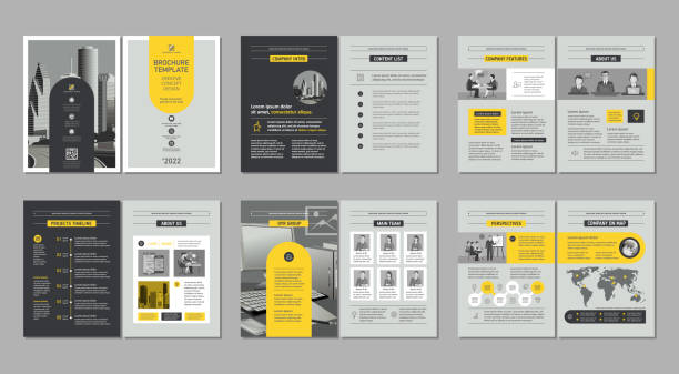 Brochure creative design. Multipurpose template, include cover, back and inside pages. Trendy minimalist flat geometric design. Vertical a4 format. template infographics stock illustrations