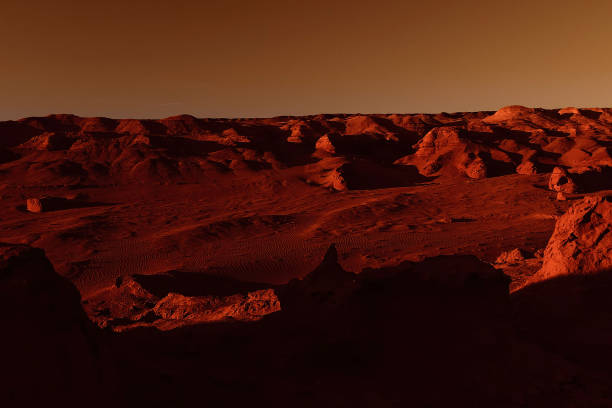 istock Fantastic martian landscape in rusty orange shades, Mars surface, Desert, Cliffs, sand. Alien landscape. Red planet mars 1298392203