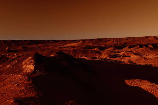 istock Fantastic martian landscape in rusty orange shades, Mars surface, Desert, Cliffs, sand. Alien landscape. Red planet mars 1298393174