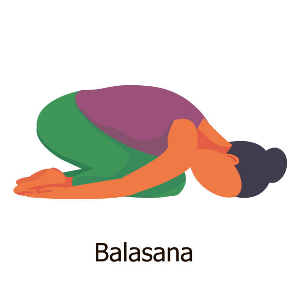 a dark-skinned girl performs the yoga pose "Ardha Padmasana" a dark-skinned girl performs the yoga pose "Balasana" (the childs pose). yoga tutorial. fitness, sports. realistic figure. flat. isolated. instruction childs pose stock illustrations