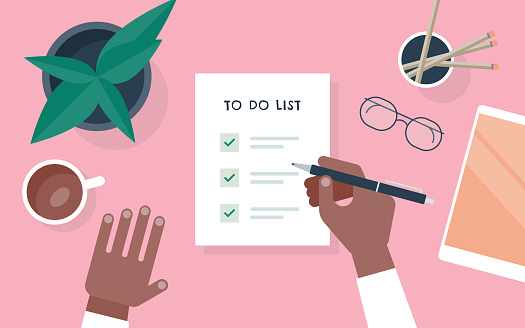 Flat vector illustration of person checking to do list at desk