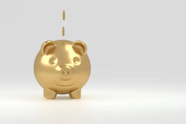 Happy Gold Pig bank with white background isolated coins. with empty space for the text. Concept of millionaire savings money. 3d rendering.